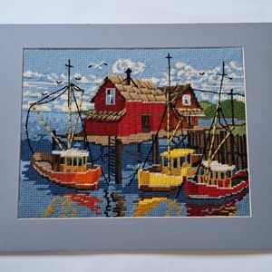 Vintage Sunset Designs Completed Cross-Stitch Needlepoint Nautical Boats Harbor